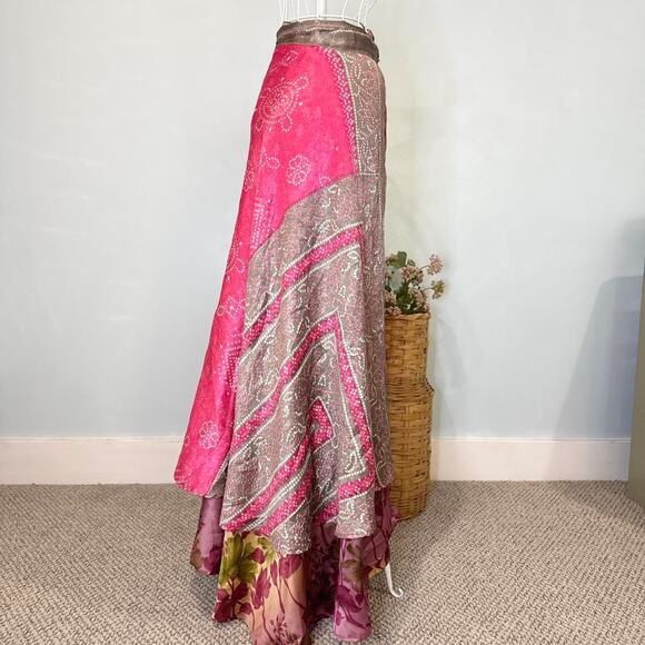Stunning boho vintage flowy pink wrap silk magic peasant maxi skirt - Picture 5 of 6